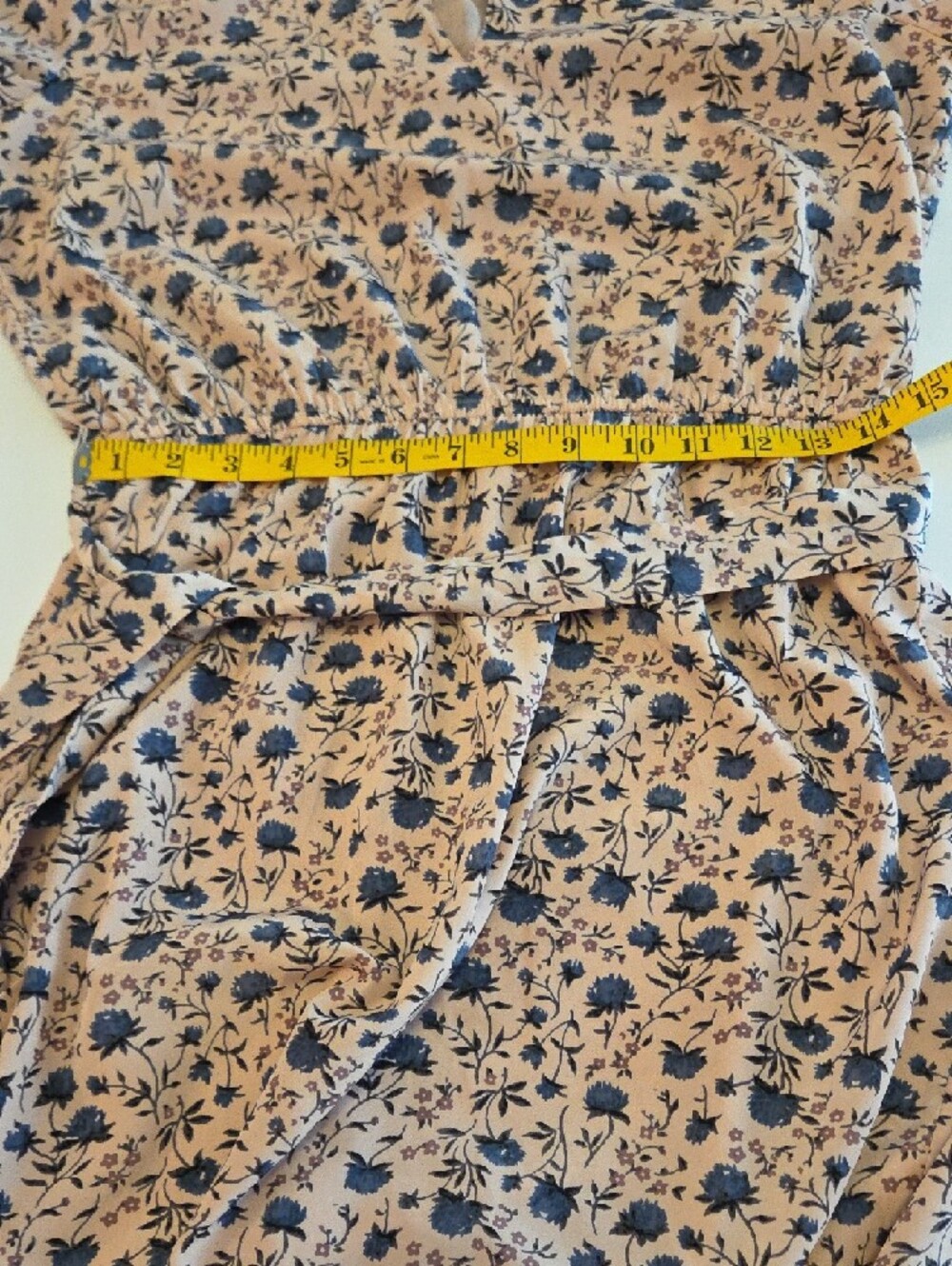 LOFT Tan Beige Blue Floral Midi Dress Size Medium - Picture 8 of 11